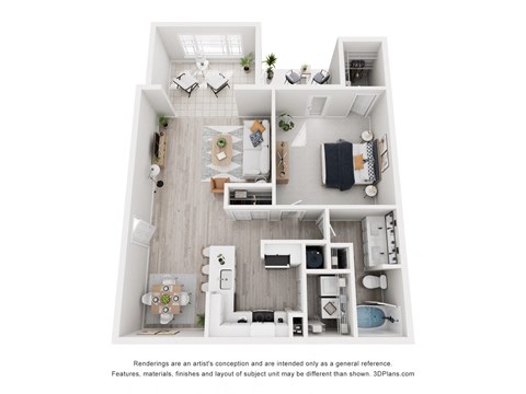 Floor plan for 1 bed, 1 bath, 977 sqft